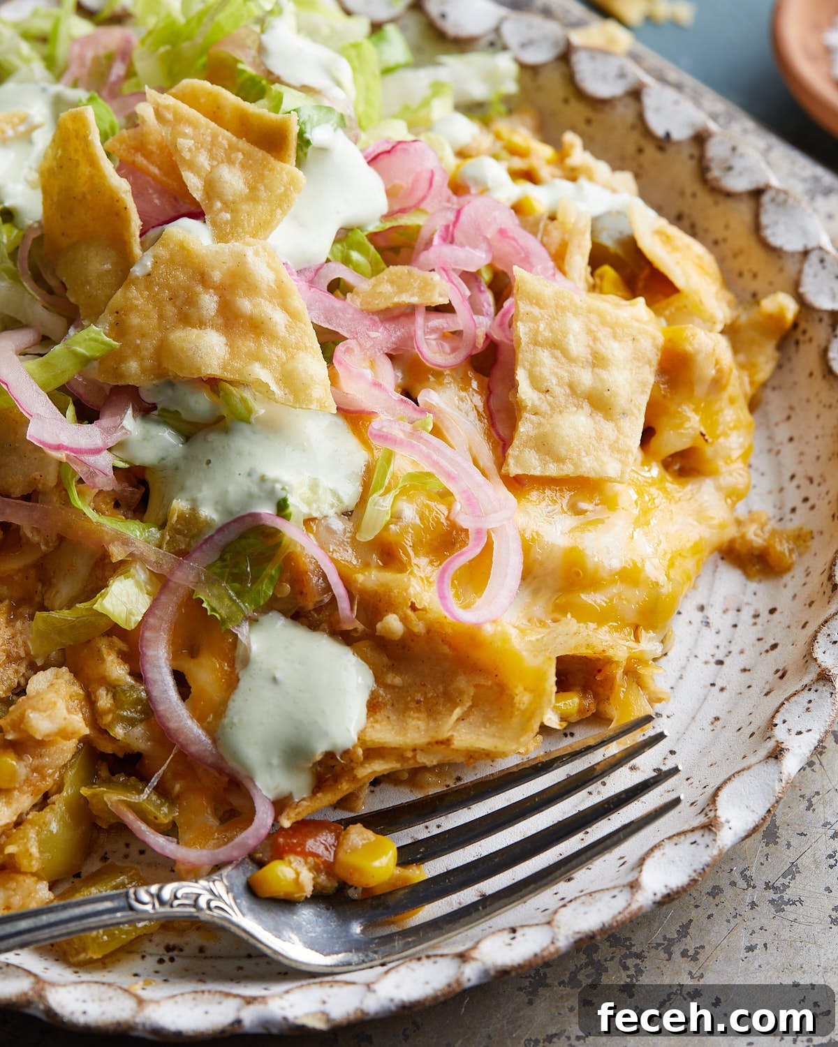 Slow Cooker Chicken Enchilada Casserole Recipe for Busy Nights 5 Up close image of slow cooker chicken enchilada casserole on speckled dish.