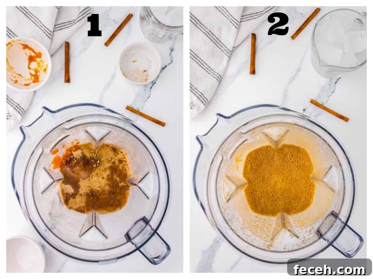 Two photo collage of blending recipe ingredients in a blender.