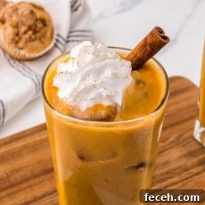 Pumpkin spiced iced latte in a tall glass topped with whipped cream and a cinnamon stick.