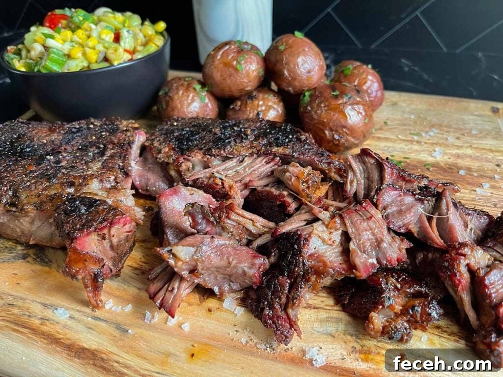 Smoked Double Bone-In Pork Chops with Bold Smoky Flavor 12 Smoked chuck roast with grilled potatoes and succotash on a wooden board.