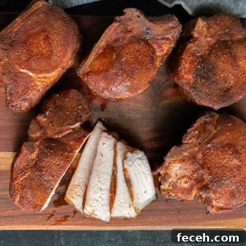 Smoked Double Bone-In Pork Chops with Bold Smoky Flavor 14 Double bone in pork chops sliced on a cutting board.