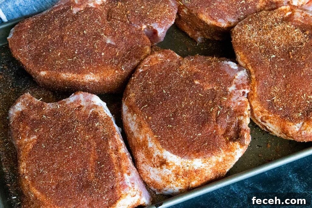 Smoked Double Bone-In Pork Chops with Bold Smoky Flavor 7 Double bone-in pork chops with rub applied.