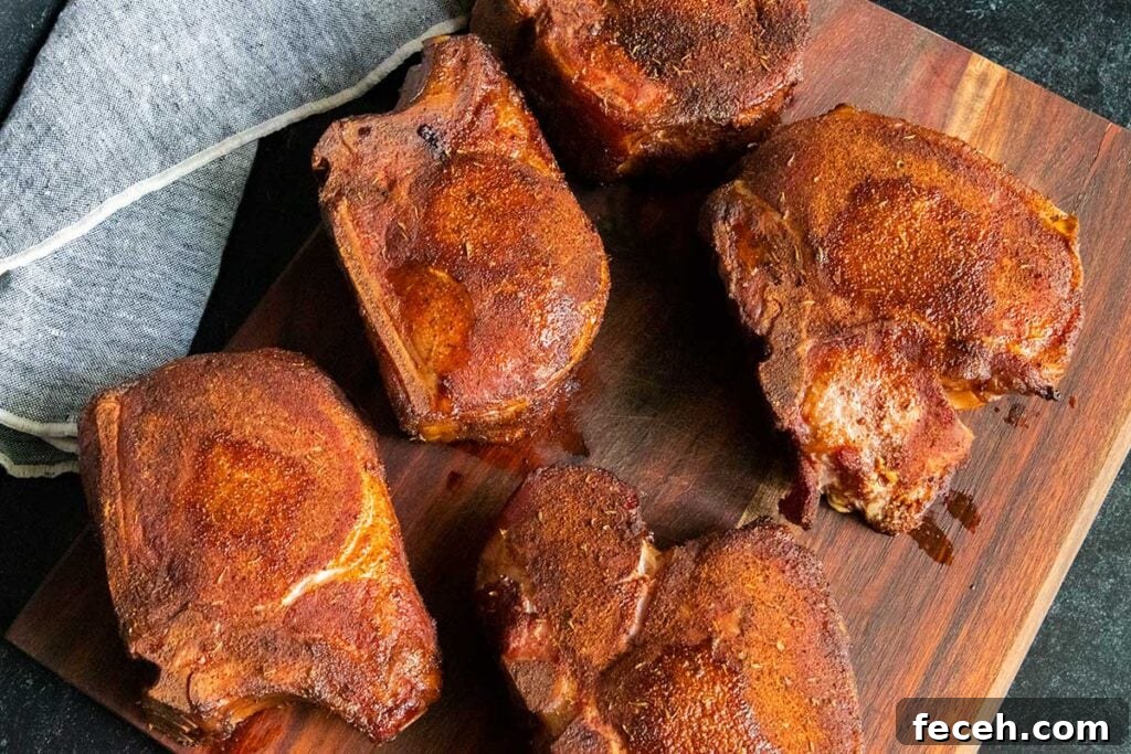 Smoked Double Bone-In Pork Chops with Bold Smoky Flavor 8 Smoked double bone-in pork chops resting on a cutting board.