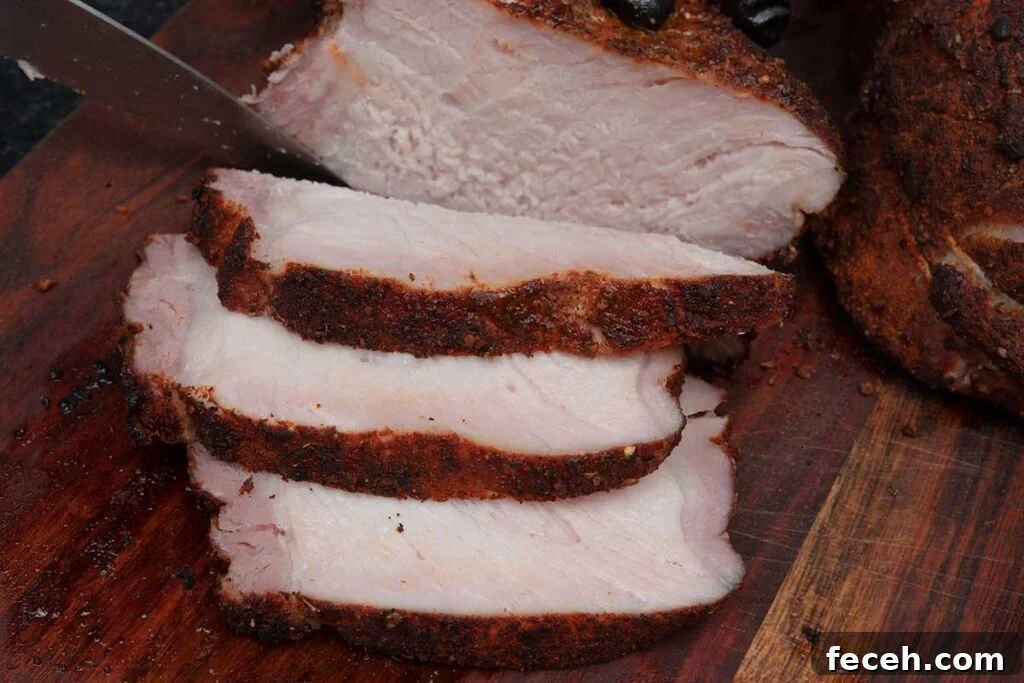 Smoked Double Bone-In Pork Chops with Bold Smoky Flavor 9 Slices of double bone-in smoked pork chops on a cutting board.