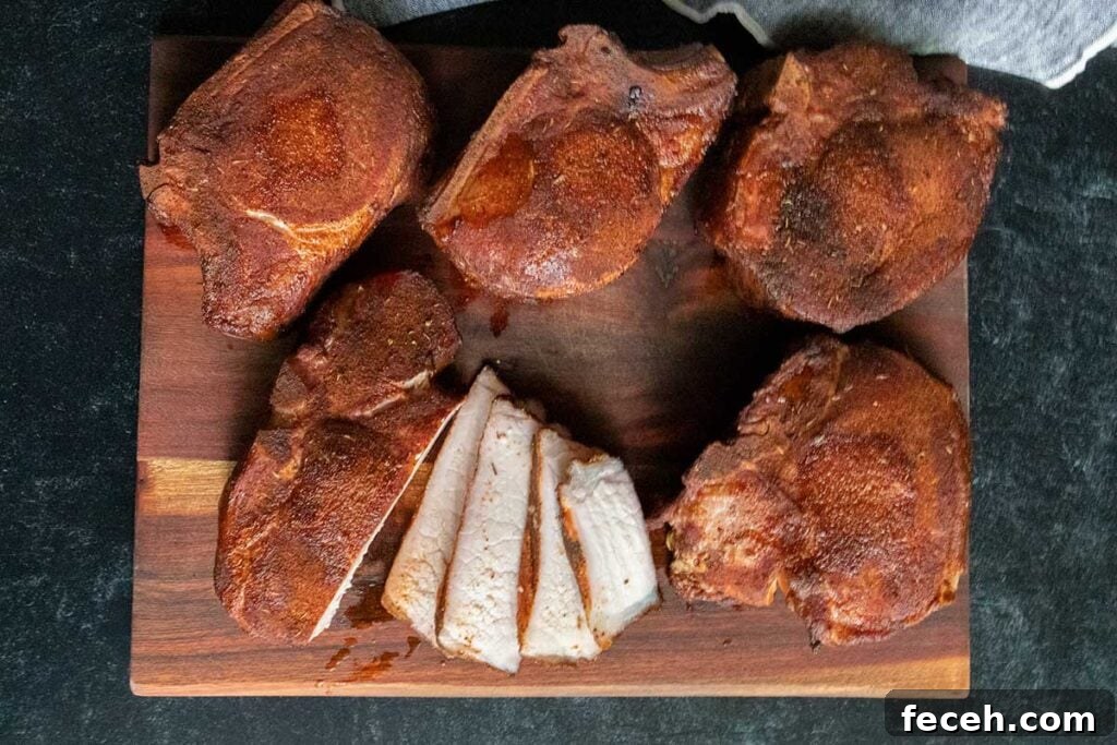Smoked Double Bone-In Pork Chops with Bold Smoky Flavor 10 Double bone-in smoked pork chops on a cutting board with slices of meat showing.