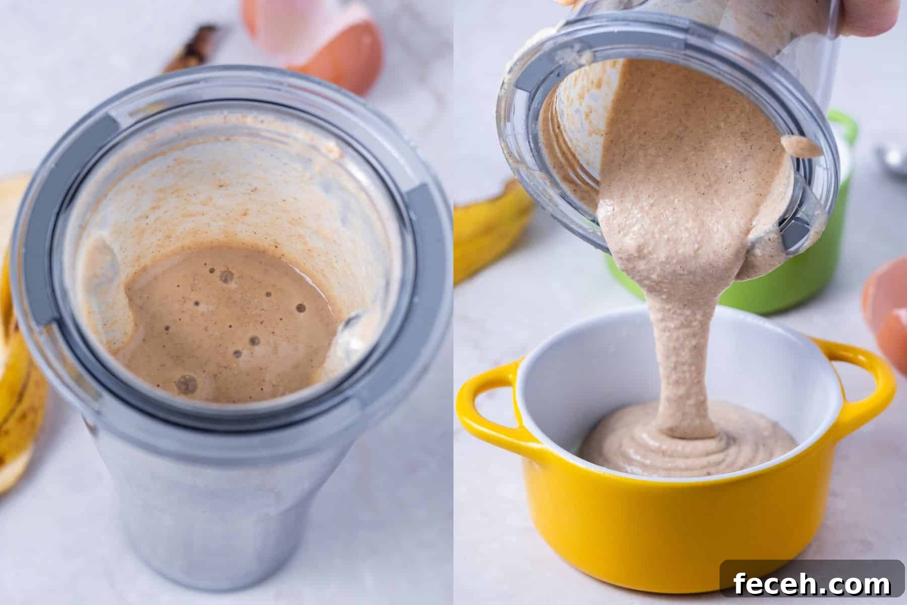 blended mixture being poured into ramekins