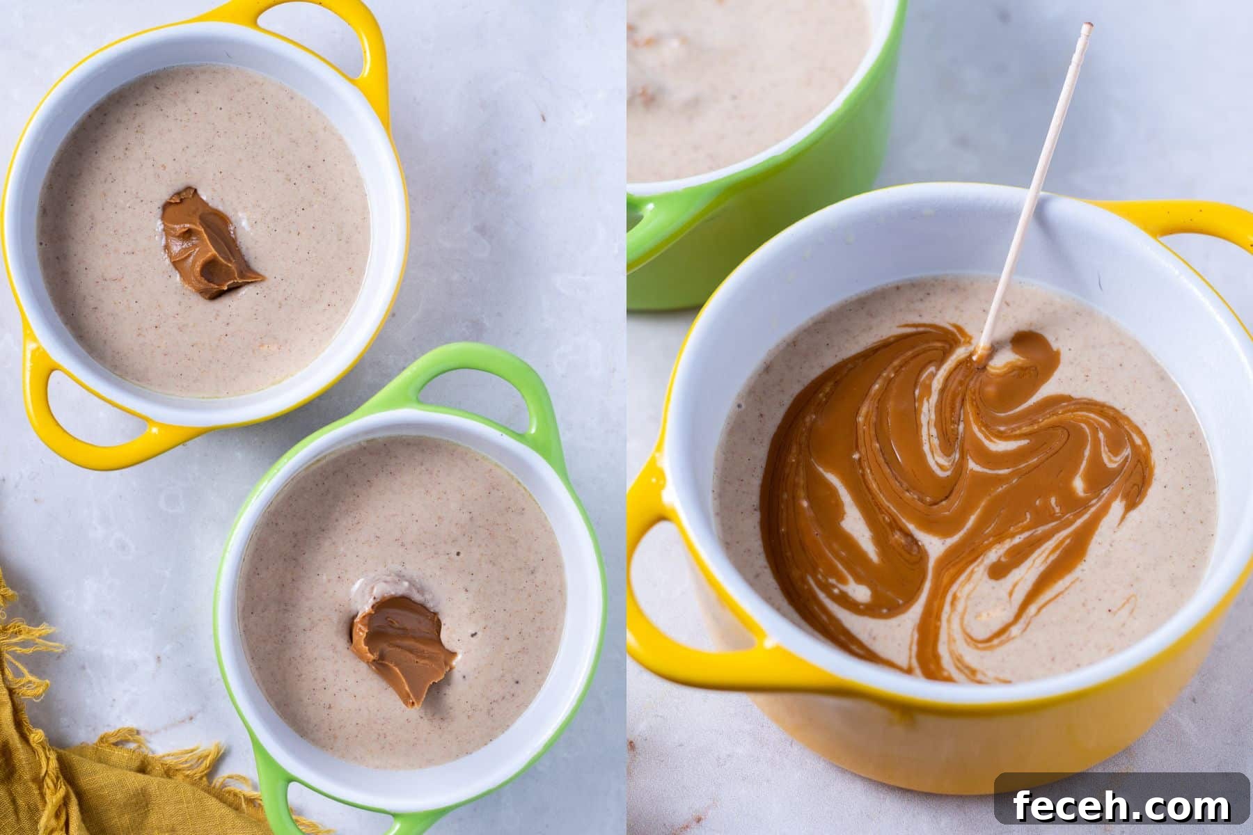 dollop of biscoff in the mixture and being swirled with a toothpick