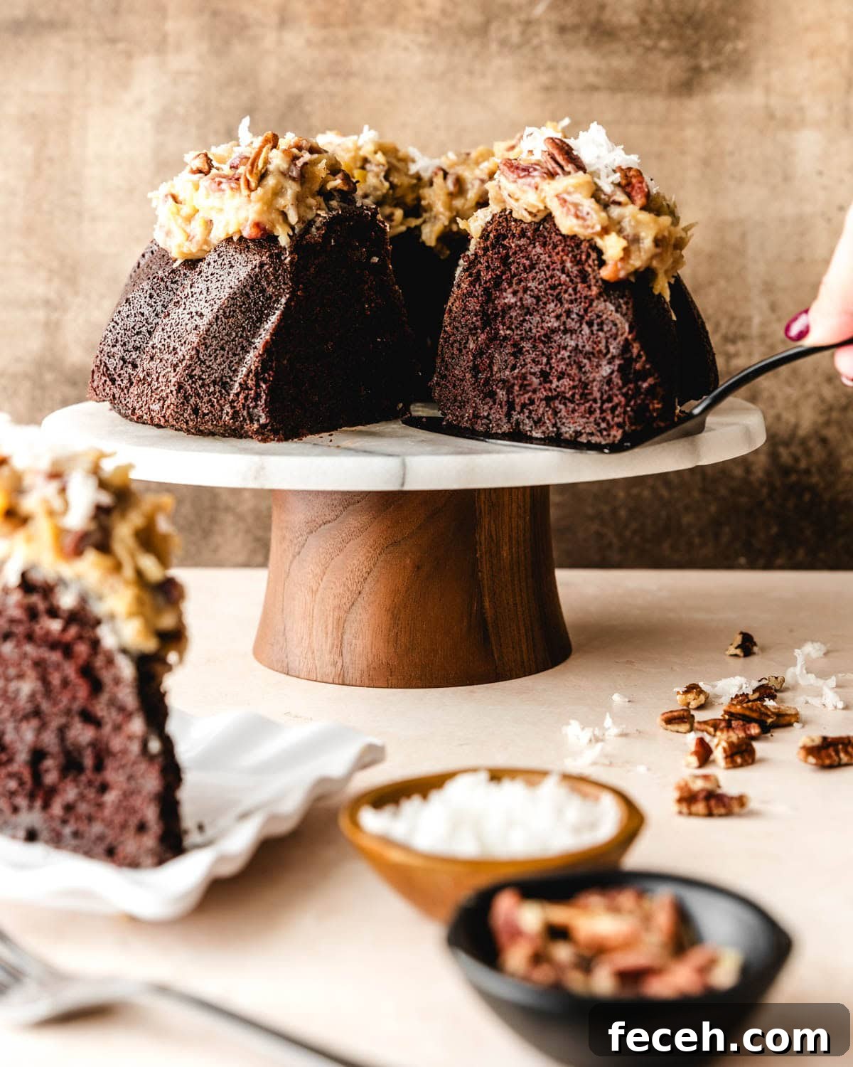Serving a slice of decadent German Chocolate Pound Cake.