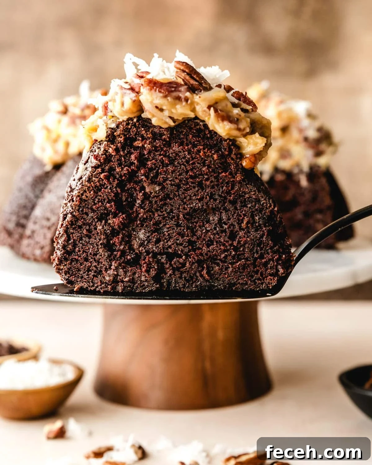 A slice of moist German Chocolate Pound cake.