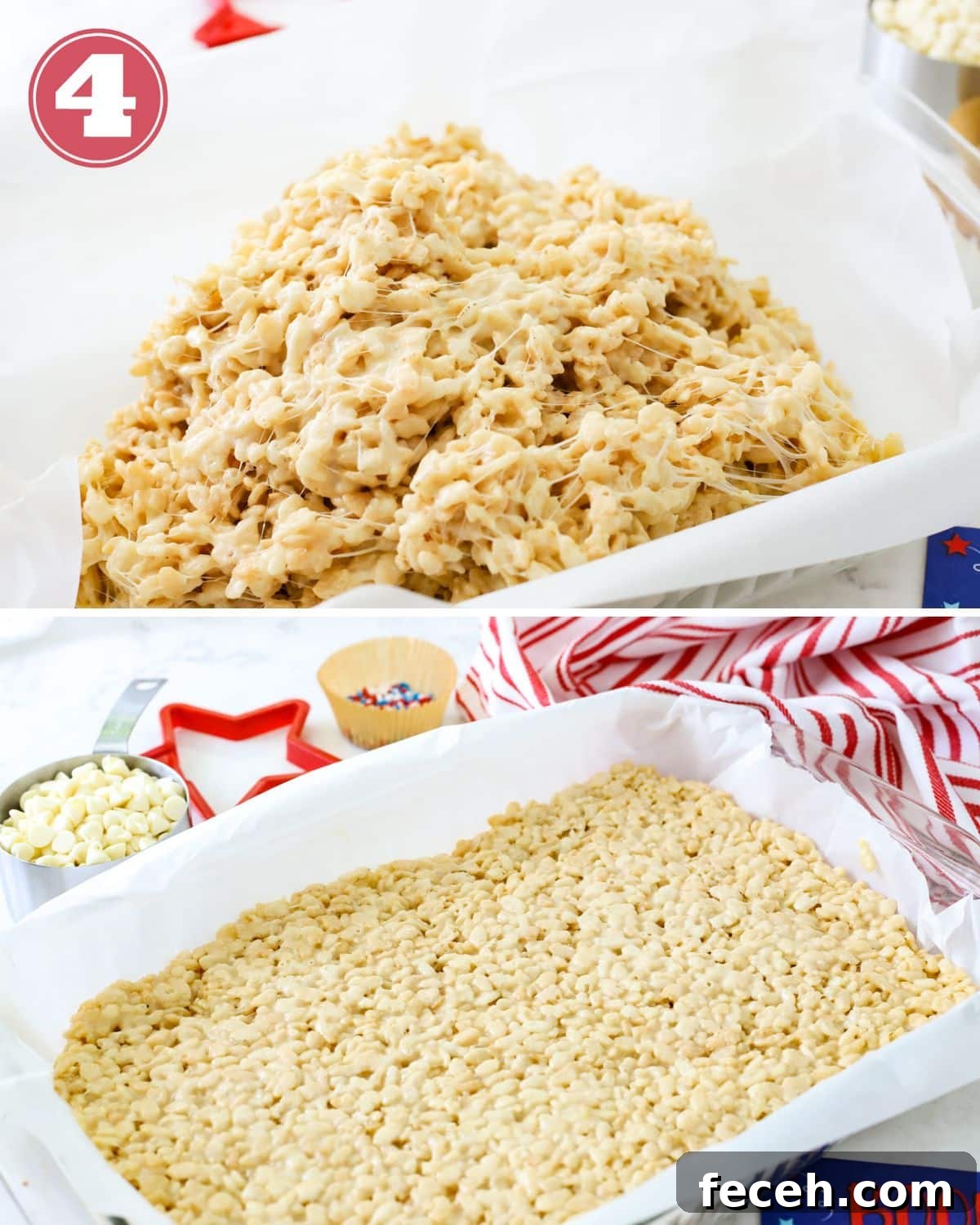 Fourth of July Rice Krispie Treats: Patriotic Red, White & Blue Recipe 5 Rice krispie treats mixture being spread into a pan.