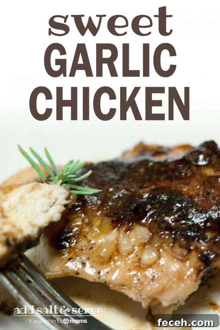 Chicken breast covered in a brown sugar sauce on a white plate. There is a fork holding a small piece of chicken; text sweet garlic chicken add salt & serve formerly menus4moms