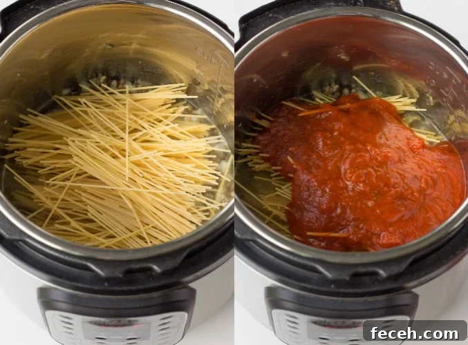 collage of how to make instant pot spaghetti