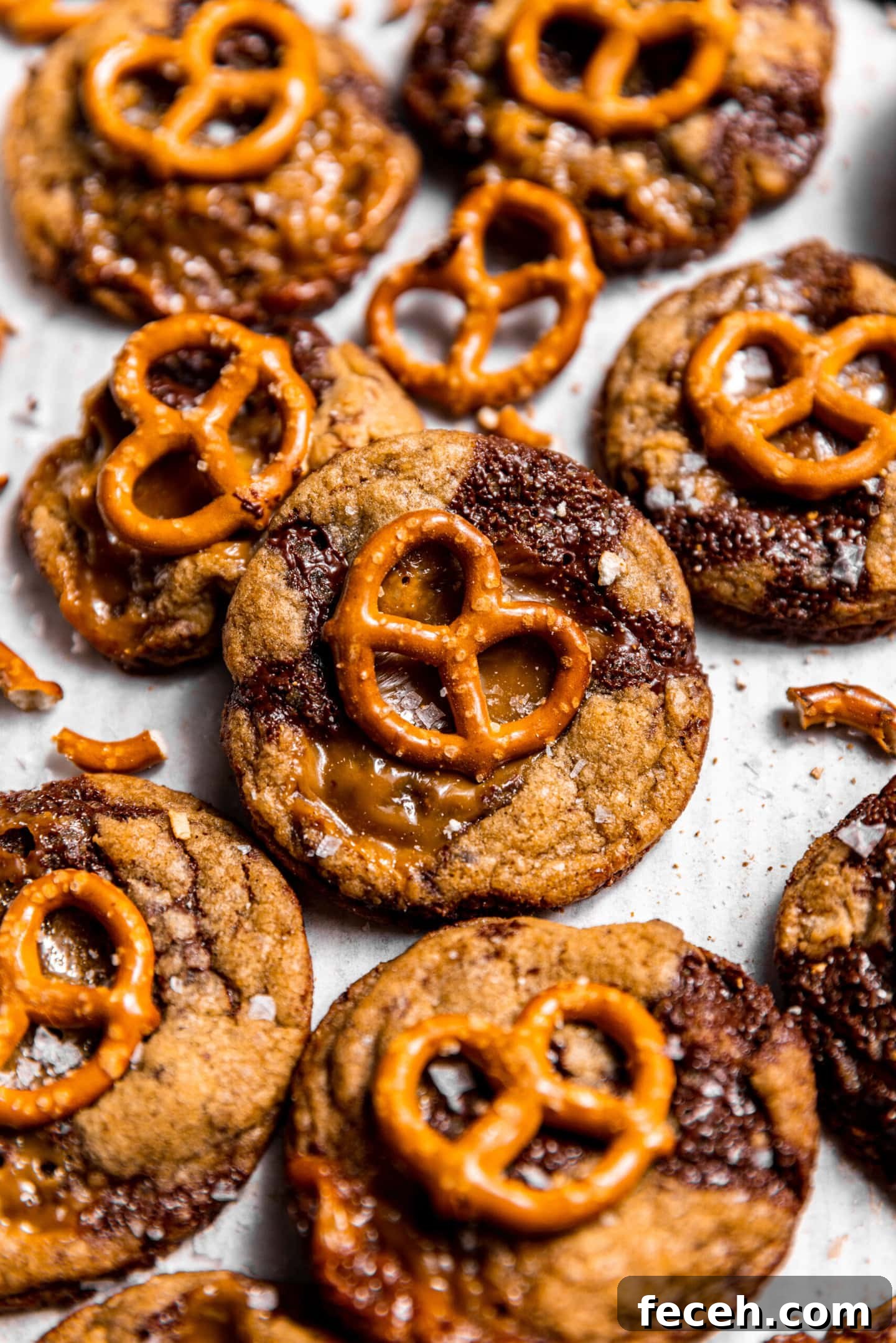 Close up of caramel pretzel chocolate chip cookies.