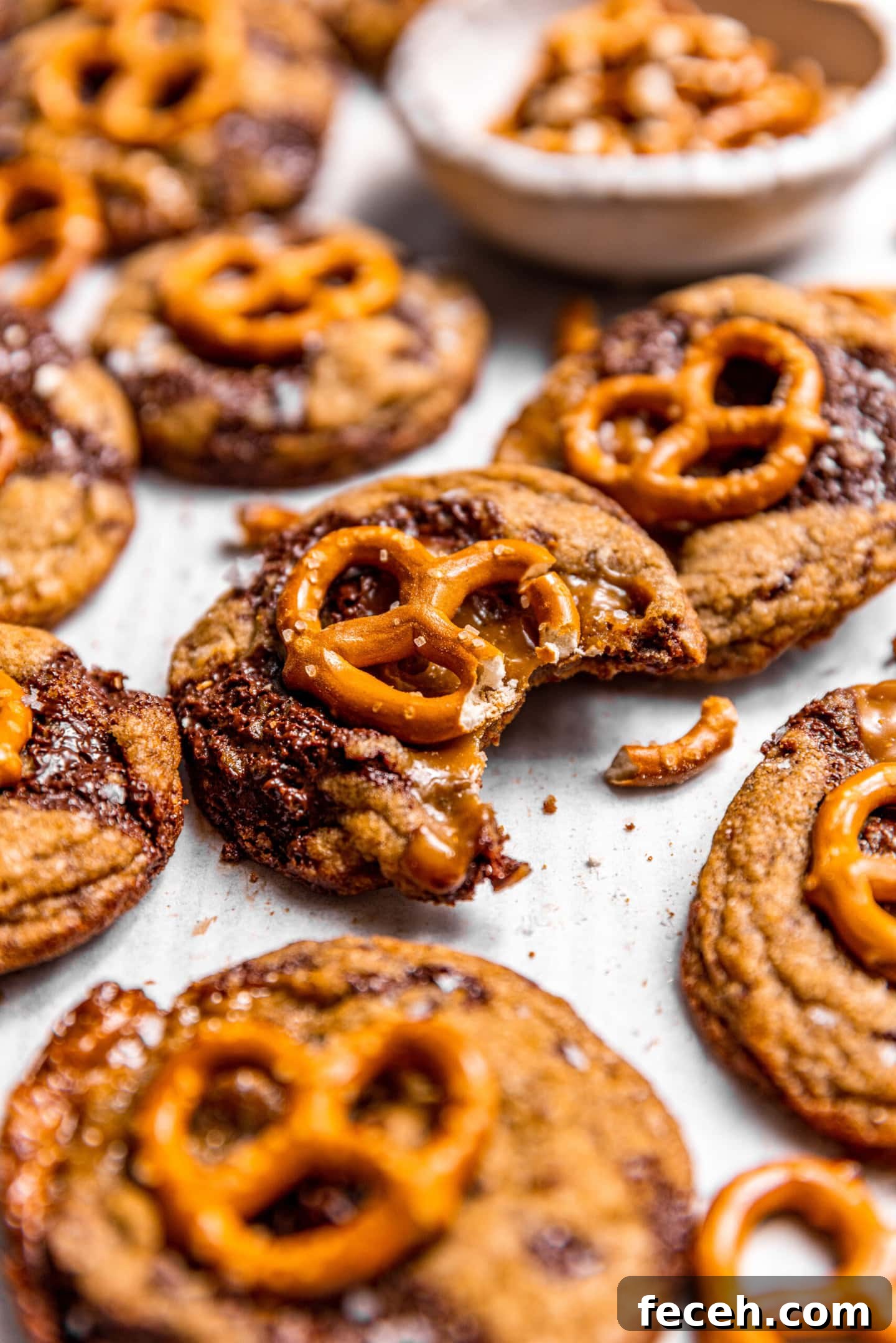 Close up of salted caramel pretzel chocolate chip cookie with a bite missing