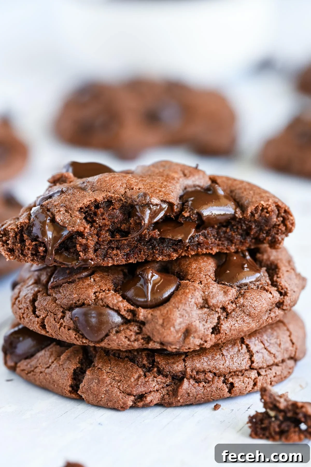 Stack of double chocolate chip cookies.