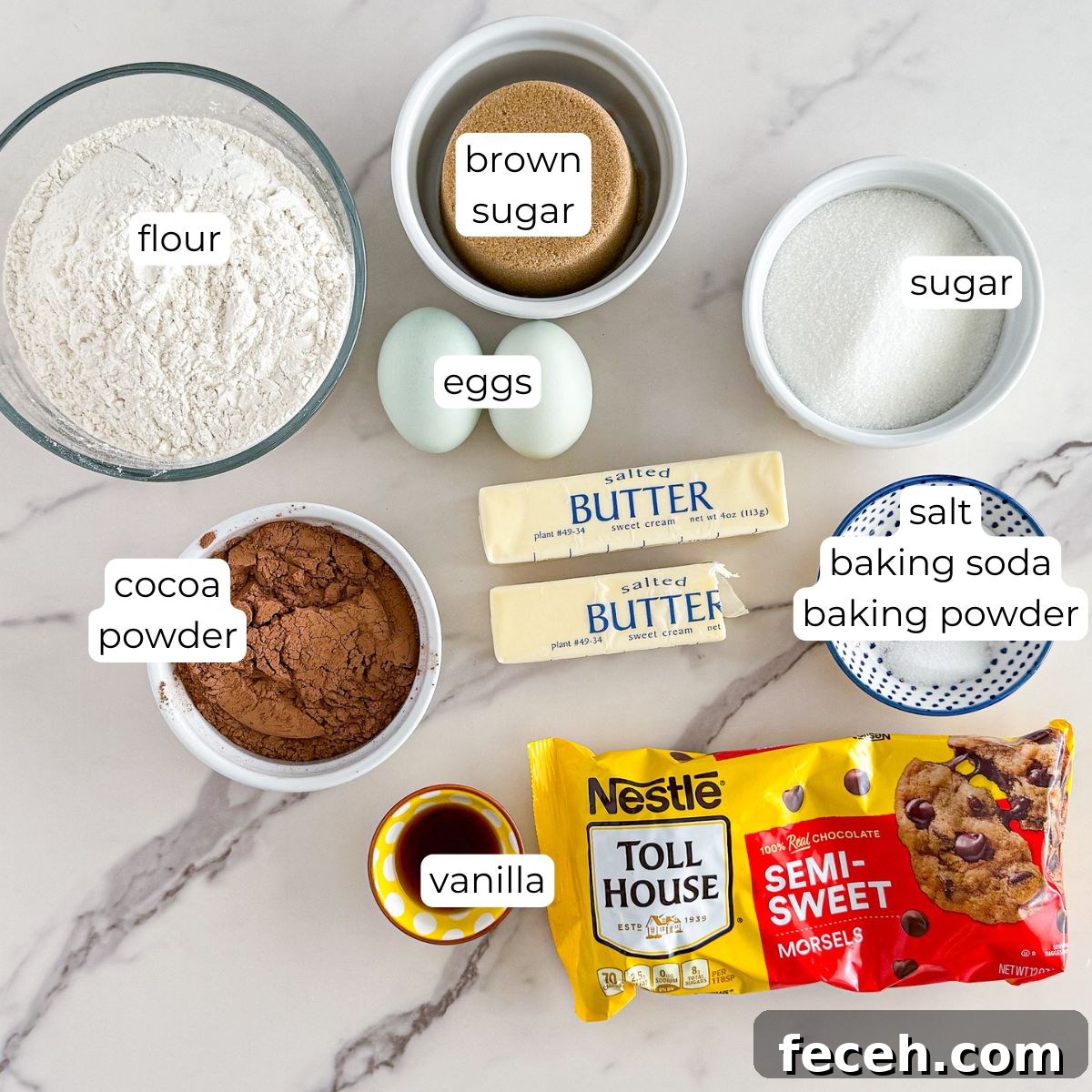 Ingredients for double chocolate chip cookies.