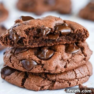 Stack of double chocolate chip cookies.
