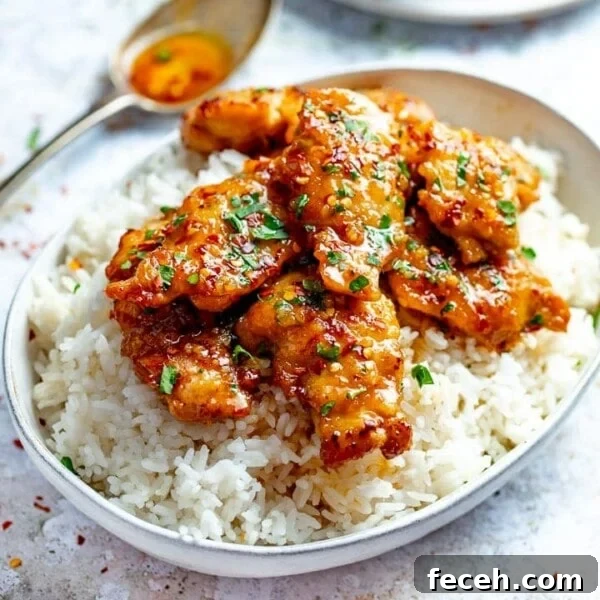 honey garlic chicken in a bowl on top of boiled rice