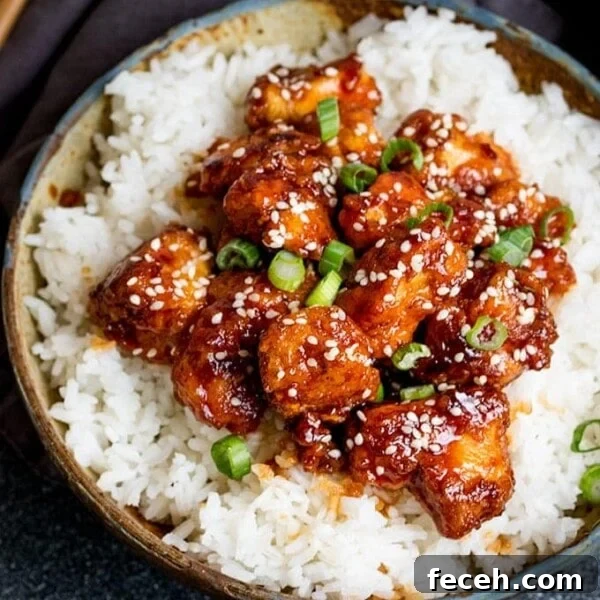 Crispy Sesame Chicken on a bed of rice in a stone bowl