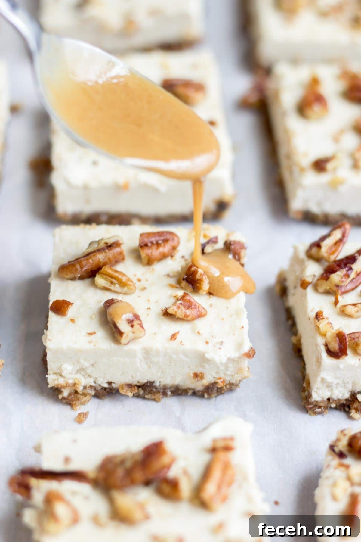 Smooth and creamy, these turtle vegan cheesecake bars are an easy and no bake healthy dessert. The crust is made with pecans and dates and the silky vegan cheesecake is topped with paleo caramel and pecans. You won't believe how yummy an easy it is to make!