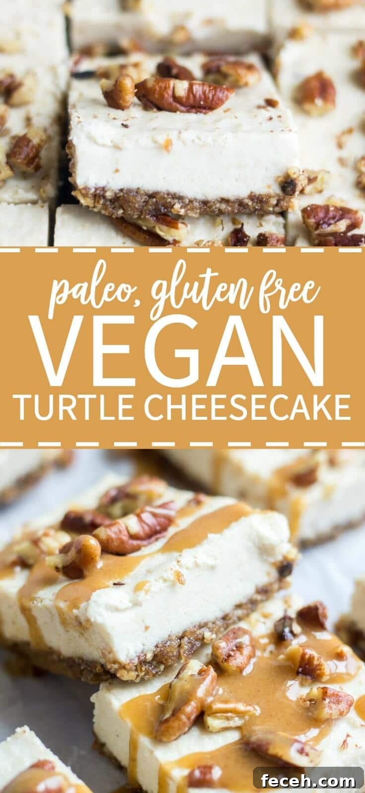Smooth and creamy, these turtle vegan cheesecake bars are an easy and no bake healthy dessert. The crust is made with pecans and dates and the silky vegan cheesecake is topped with paleo caramel and pecans. They're paleo, gluten free, refined sugar free and raw! You won't believe how yummy an easy it is to make!