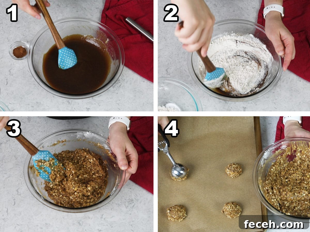 collage of four photos showing how to make the cookies for oatmeal cream pies