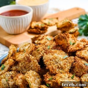 Closeup view of breaded air fryer zucchini chips with bowls of dipping sauce in the background.