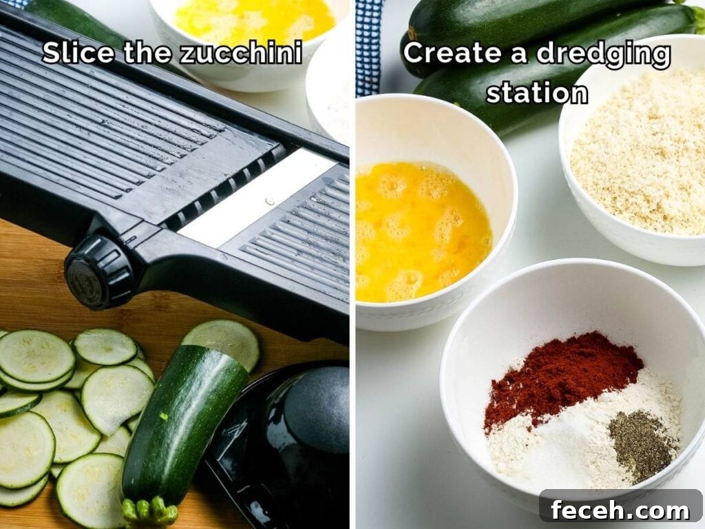 Two photo collage of slicing the zucchini with a mandolin and setting up a dredging station of seasoned flour, egg wash and panko breadcrumbs with text overlay.