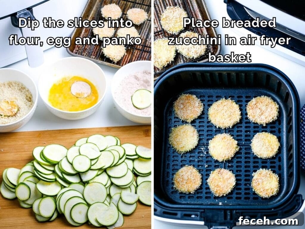 Two photo collage of dipping the zucchini chips in the flour, egg then panko and the breaded zucchini in an air fryer basket with text overlay.