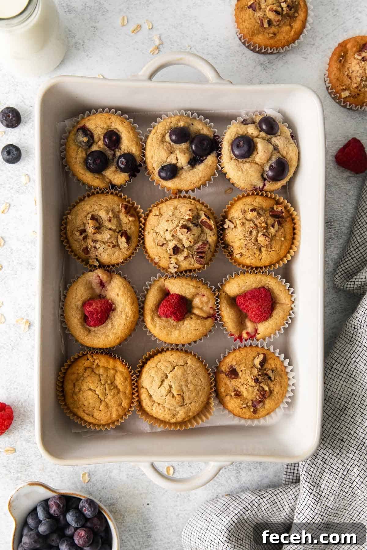 Oat flour muffins in a white baking dish