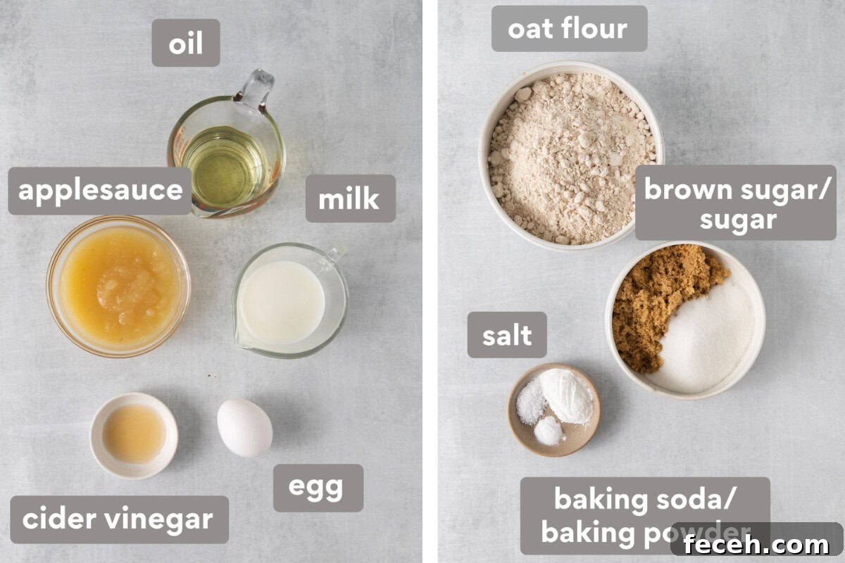 Oat flour muffin ingredients on a countertop