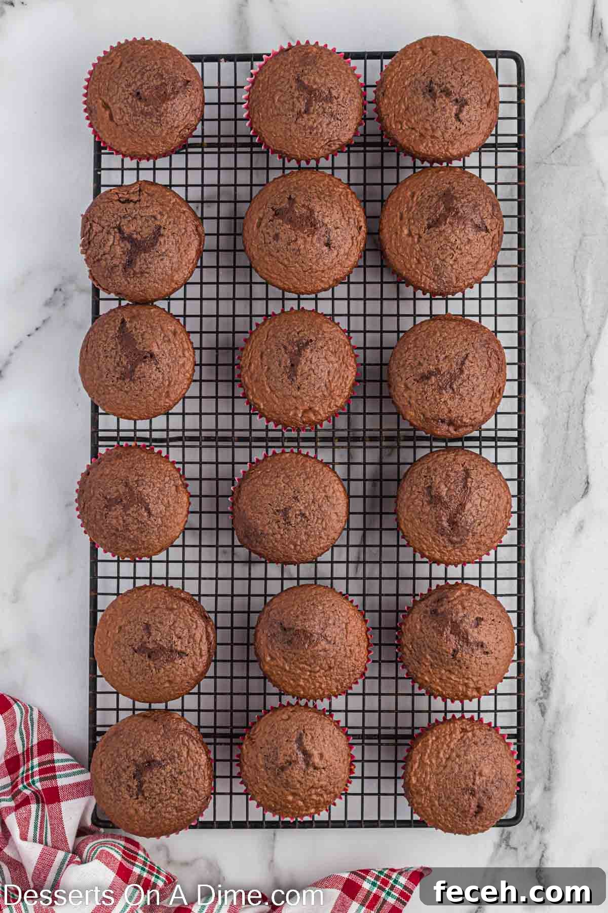 Chocolate cupcakes cooling on a wire rack.