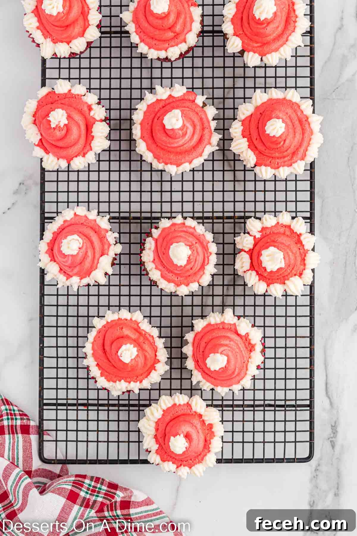 White frosting piped on each cupcake to complete the decoration.