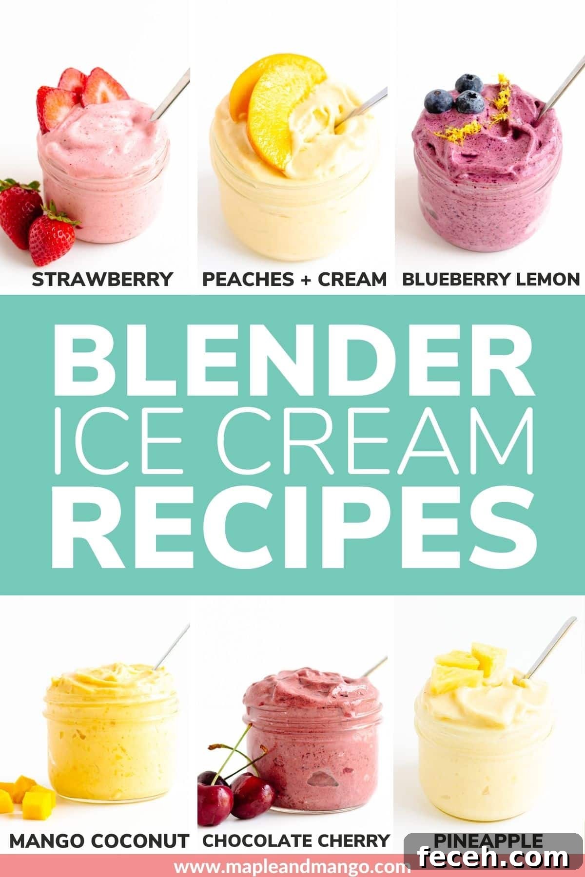 No-Fuss Blender Ice Cream Recipe: Creamy 5-Minute Treat 10 Pinterest collage graphic featuring six different blender ice cream recipes.