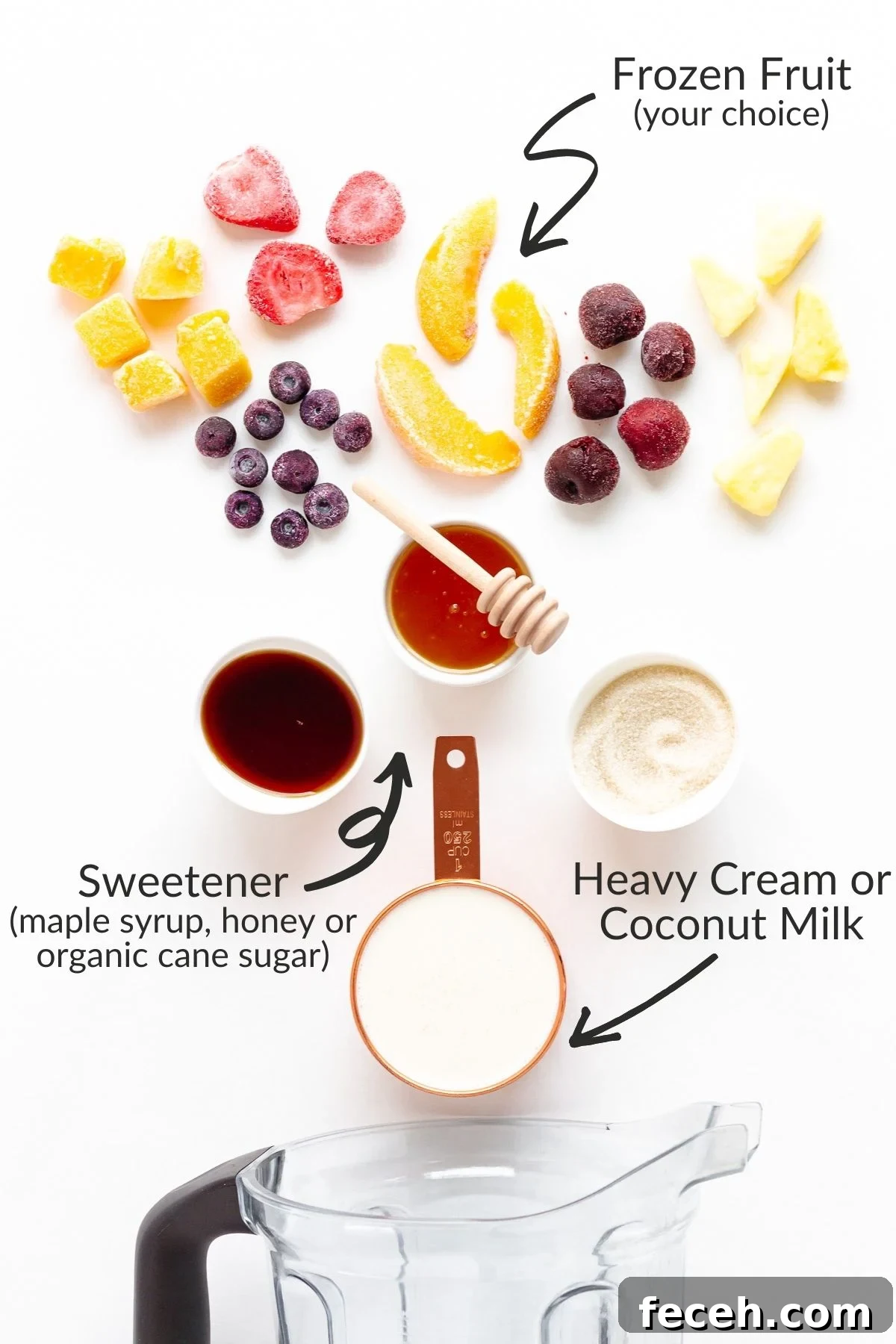 No-Fuss Blender Ice Cream Recipe: Creamy 5-Minute Treat 3 Labelled photo of ingredients needed for easy blender ice cream.