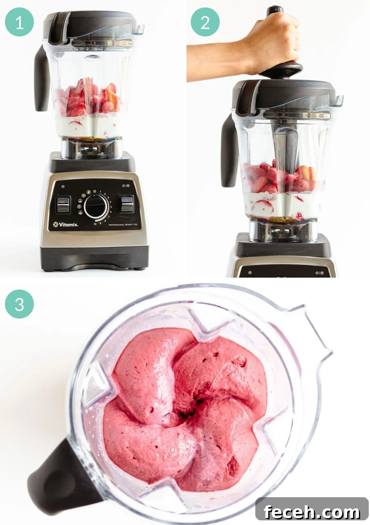 No-Fuss Blender Ice Cream Recipe: Creamy 5-Minute Treat 5 Photo collage showing step by step how to make ice cream in the Vitamix blender using frozen fruit.