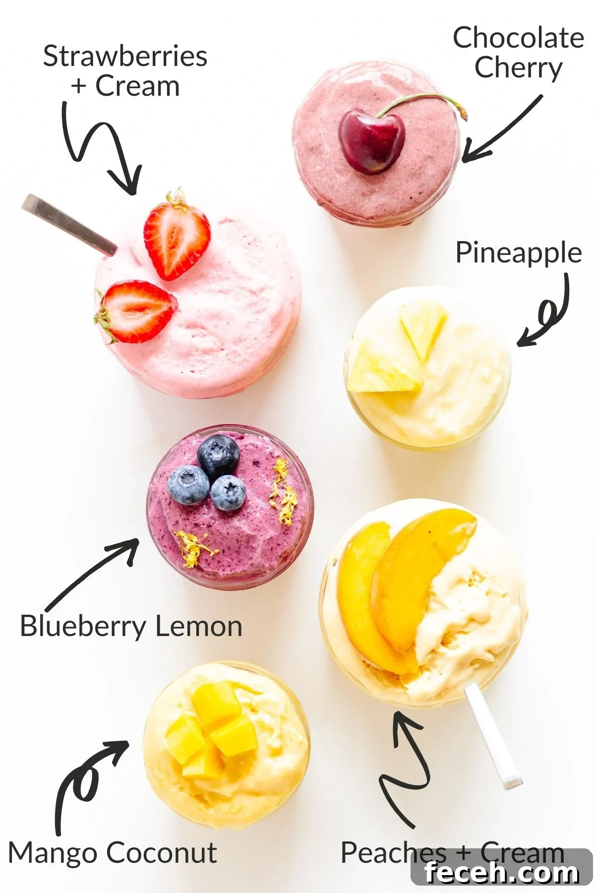 No-Fuss Blender Ice Cream Recipe: Creamy 5-Minute Treat 7 Labelled overhead photo of six different flavors of blender ice cream in jars.