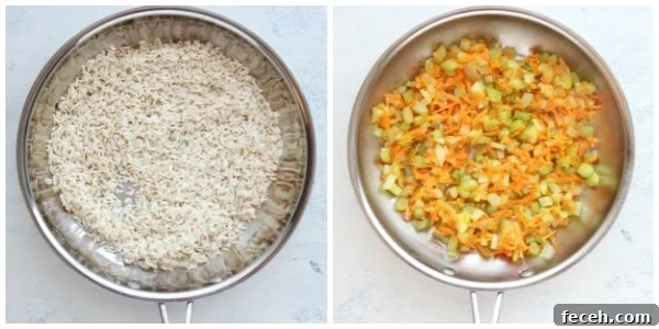 Toasted rice and sauted veggies in a skillet.