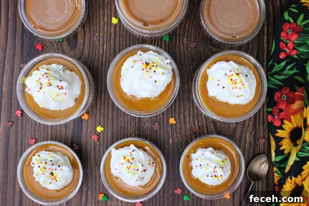 overhead view of pumpkin pie pudding shots with whipped cream and sprinkles on a wooden counter