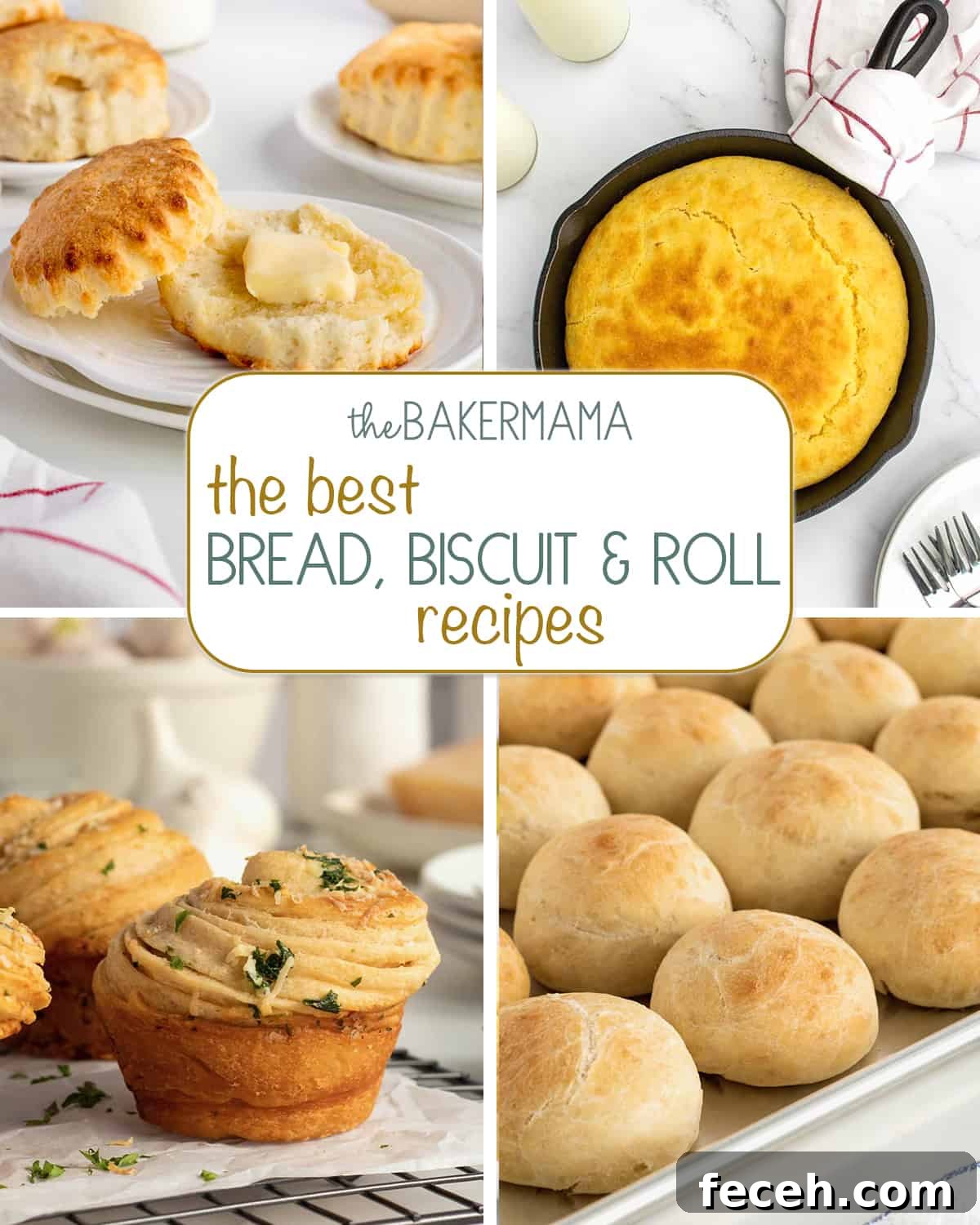 Homestyle buttermilk biscuits, sweet and simple cornbread, garlic herb parmesan cruffins, and classic dinner rolls.