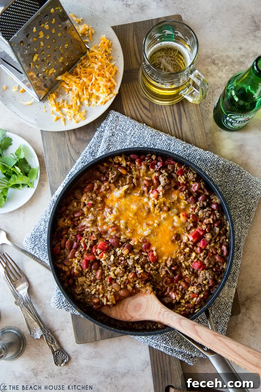 One-Pan Beef Burrito Skillet with Cheesy Rice and Beans 3 Overhead photo of a beef burrito skillet