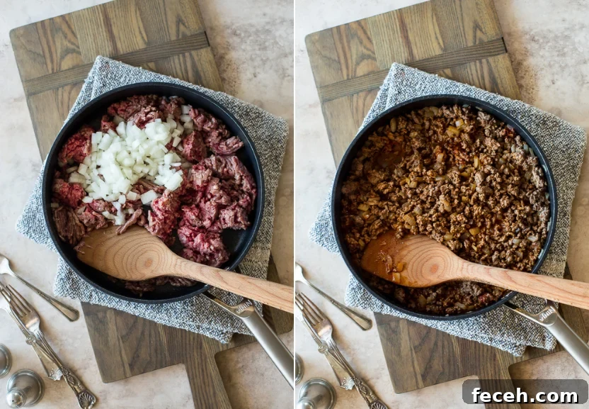 One-Pan Beef Burrito Skillet with Cheesy Rice and Beans 4 Diptich of a skillet of precooked ground beef and onions and cooked ground beef and onions