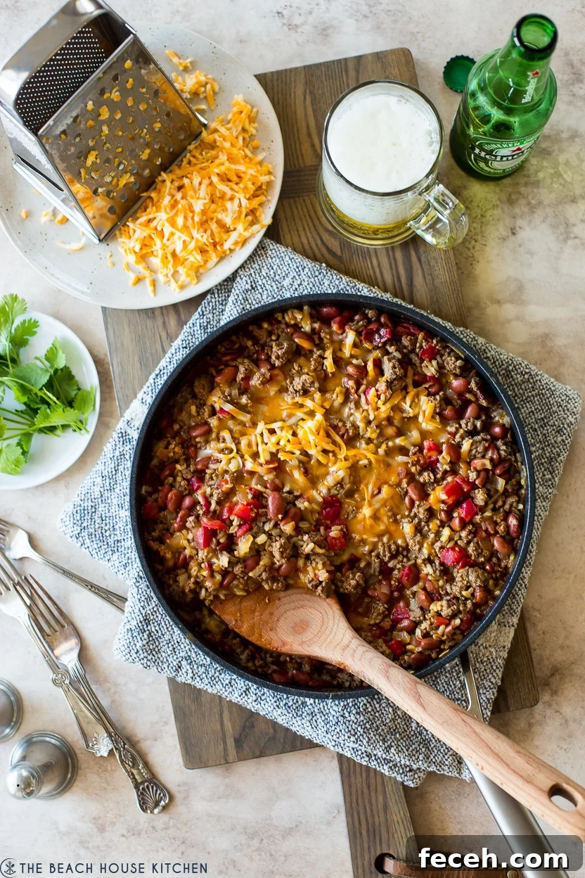 One-Pan Beef Burrito Skillet with Cheesy Rice and Beans 5 Overhead photo of a beef burrito skillet