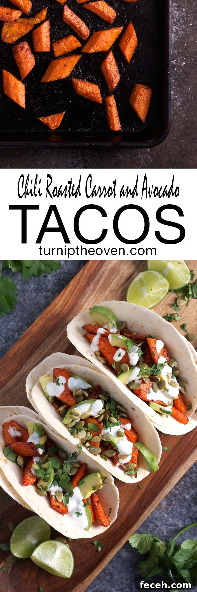 Chili Roasted Carrot and Avocado Tacos are the perfect vegetarian weeknight meal. Topped with crunchy pumpkin seeds and a spicy jalapeño lime sour cream, you'll never miss the meat!