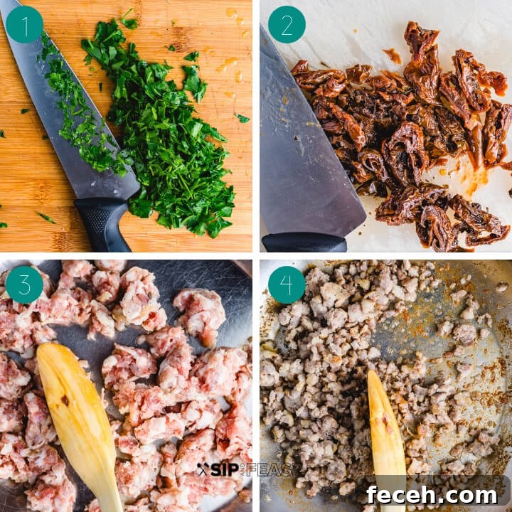 Paccheri Pasta With Butter Beans And Italian Sausage Paccheri pasta recipe process shot collage group number one.