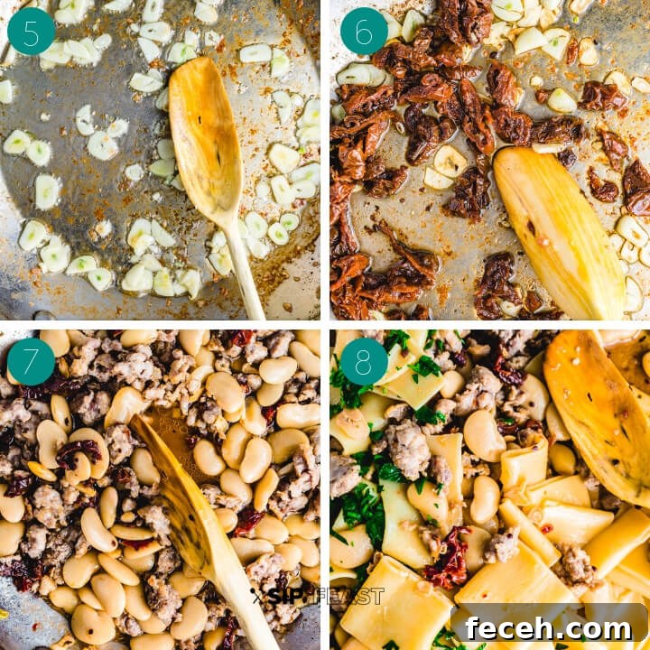 Paccheri Pasta With Butter Beans And Italian Sausage Recipe process shot collage group number two.