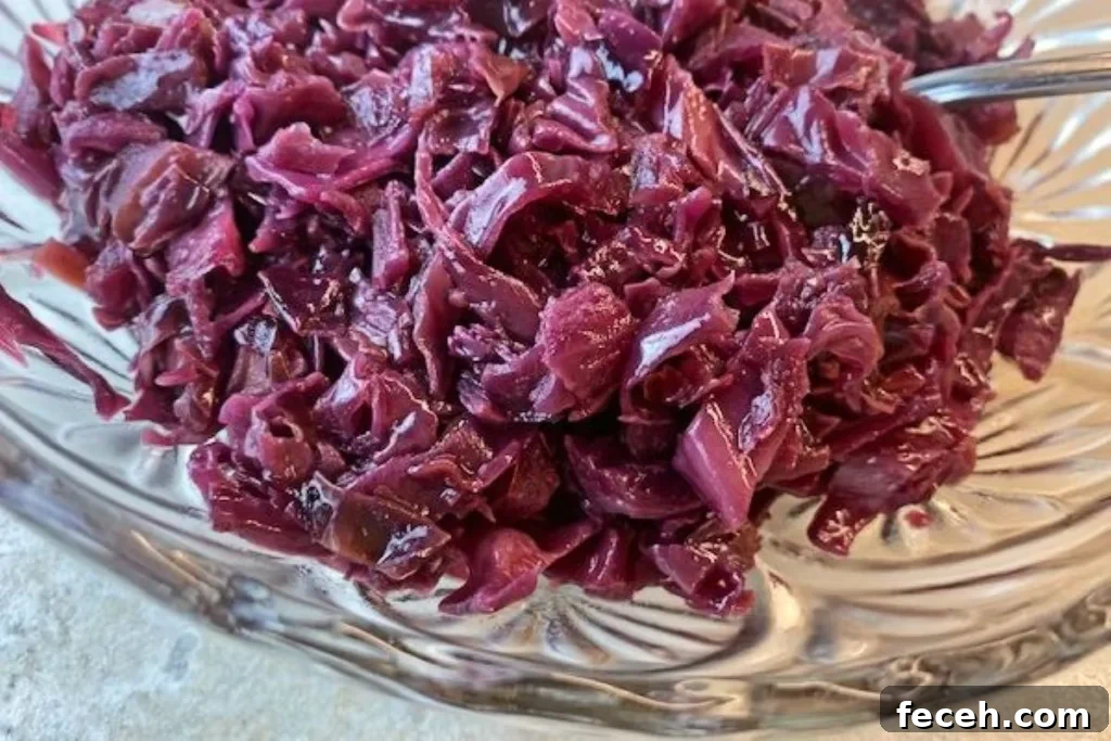 A bowl of sweet and tangy homemade German red cabbage (Rotkohl)