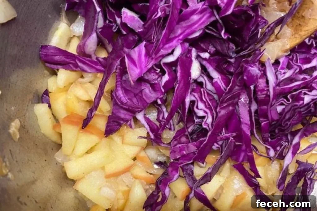 adding bright purple red cabbage (Rotkohl) to the apples and onions