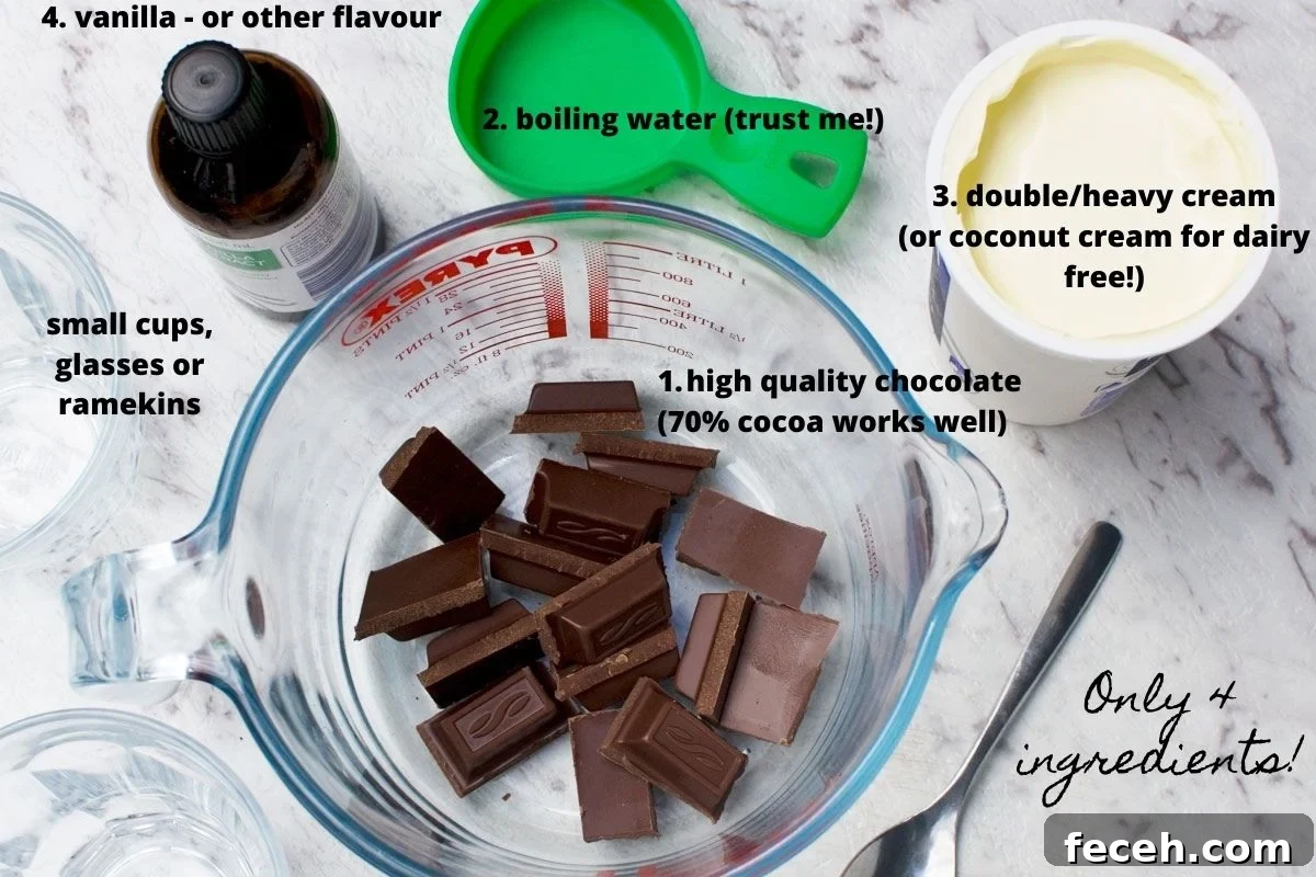 The 4 ingredients needed to make chocolate pots: chocolate, water, cream, vanilla, small glasses or cups