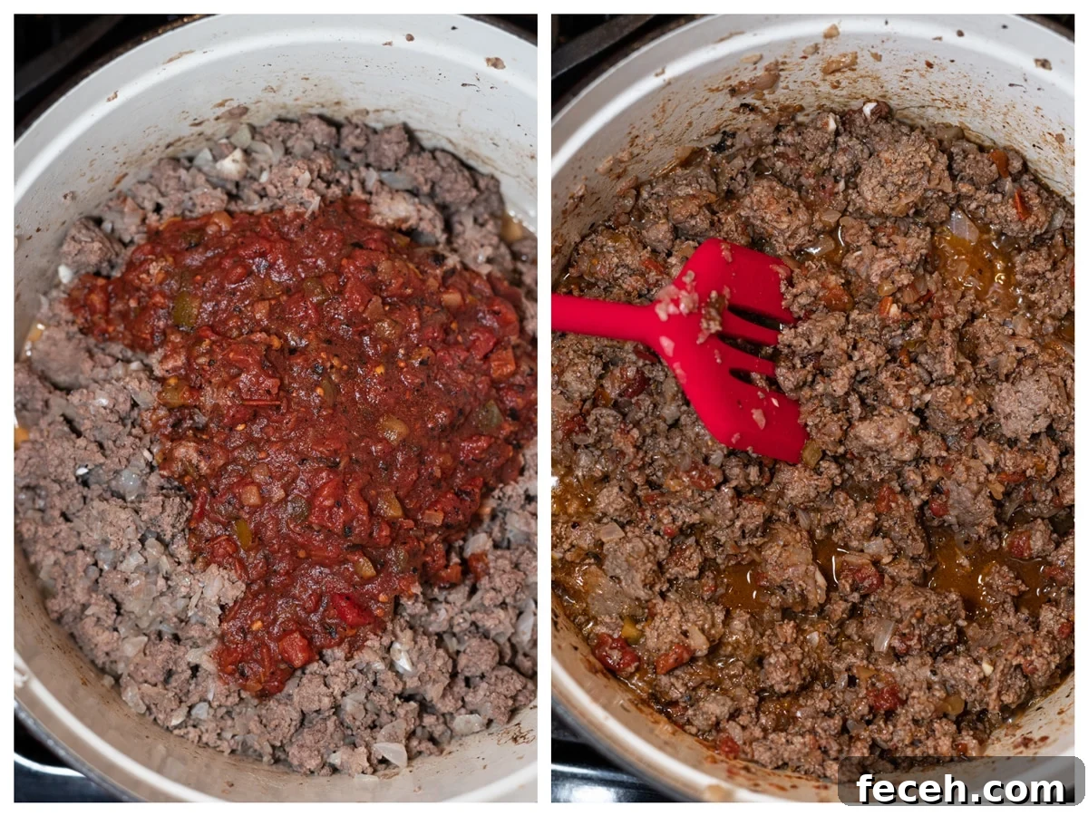 Hearty Three-Bean Chili Recipe: Simple Weeknight Dinner 6 Collage of person browning meat with diced tomatoes.
